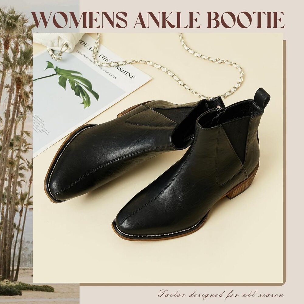 Women's Black Ankle Boots Mid-height Heels Chelsea Zipper Dressy Booties - Picture 5 of 7